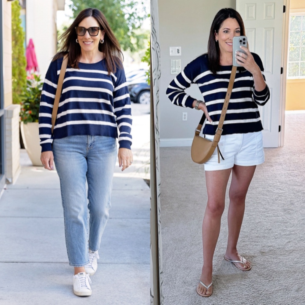 Faherty Golden Hour Crewneck Sweater Navy Calico Stripe Small NWT Nautical